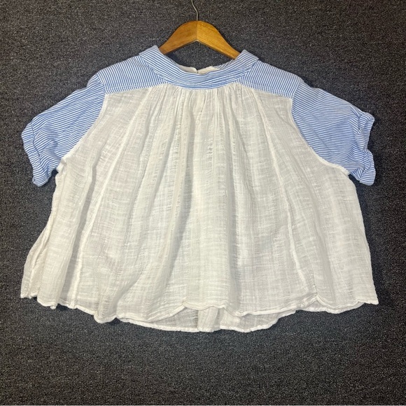Free People White and Blue Loose Button-Up Blouse 100% Cotton, Women’s Large - Picture 9 of 9
